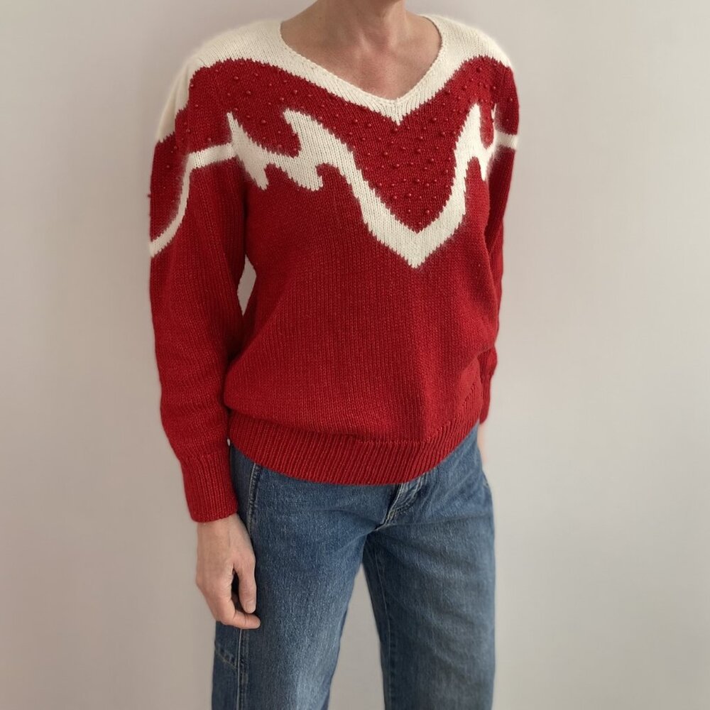 Vintage 80s Mohair Beaded Sweater – Red & White Knit, Shoulder Pads, Size M